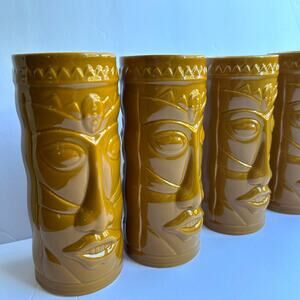Set of 4 World Market Mustard Yellow Gold Tiki Mugs Ceramic Cups Retro Barware